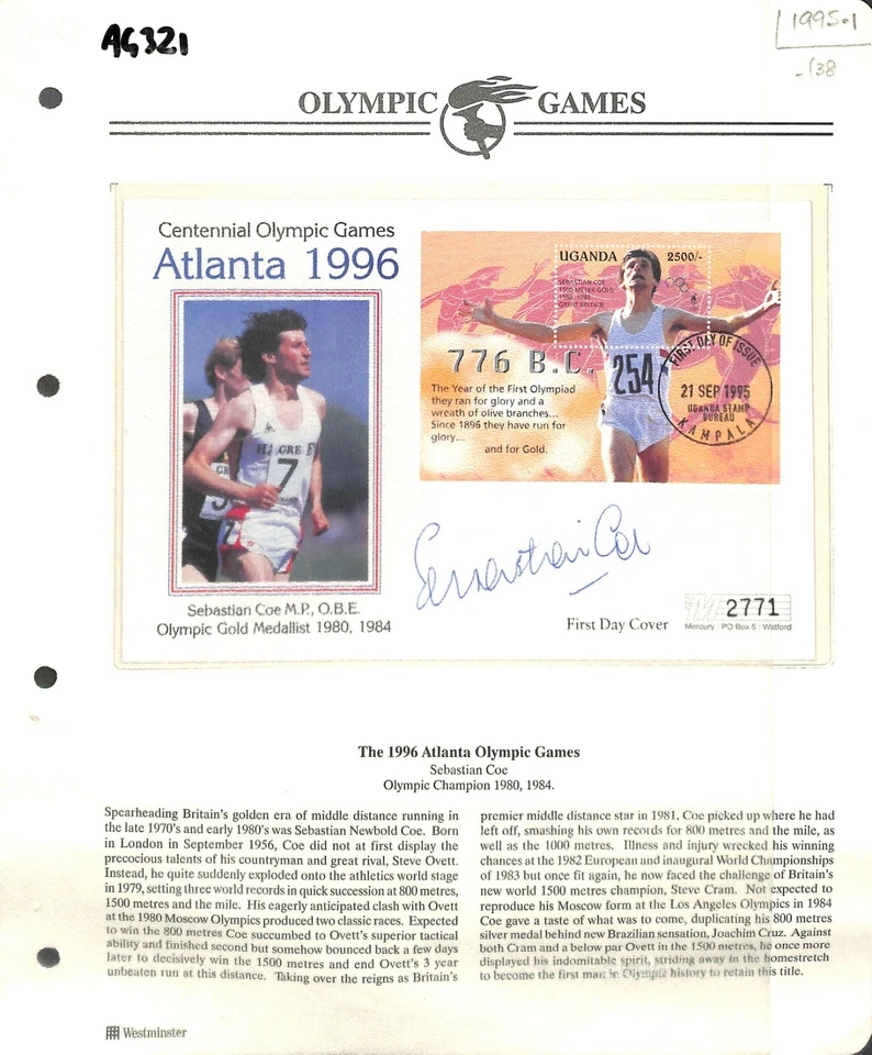 UGANDA Cubierta Kampala FDC Juegos Olímpicos Sebastian Coe Autógrafo DEPORTE 1995 AG321 Foto 3 de 3