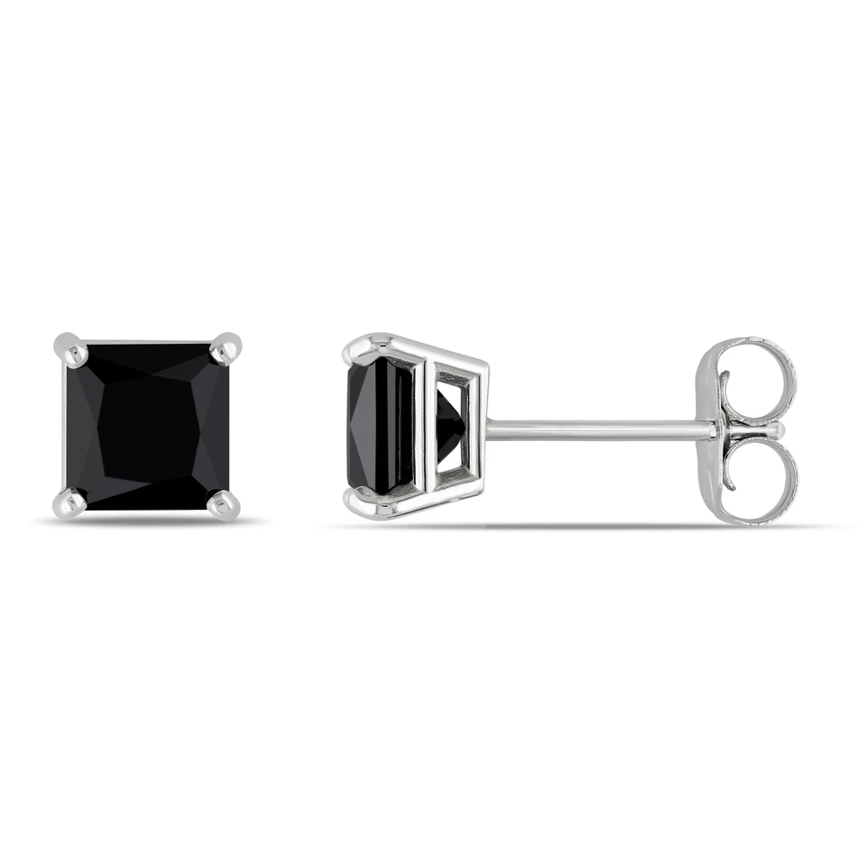 Amour 14k Gold 1CT TDW Princess Black Diamond Stud Earrings