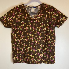 Scrub Wear Scrub Top Medical Uniform Brown Floral Colorful Shapes V-neck Small