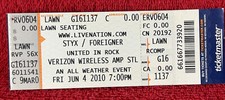 STYX & FOREIGNER Ticket Stub 6/4/2010 Verizon Amphitheatre St Louis MO
