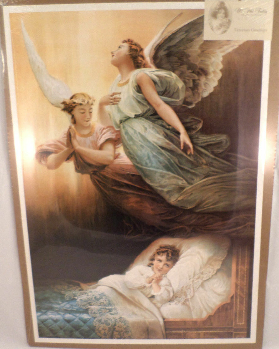 Victorian Lithograph Print Angels Hovering Over A Sleeping Child