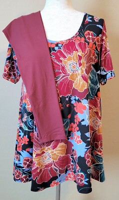 NWT LULAROE S PERFECT TEE FLORAL MAROON ORANGE + NWT OS SOLID MAROON BURGUNDY