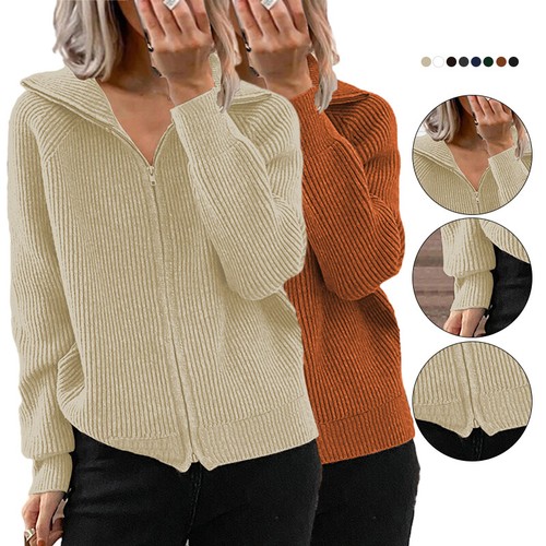 Women's Casual Loose Knit Shirt Zipper Cardigan Long Sleeved Lapel Sweater Coat - Picture 1 of 24