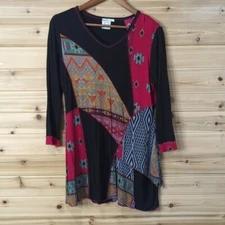 Parsley & Sage Top Womens Small Black Western Art Patchwork Pieced Blouse
