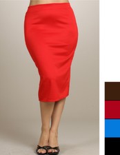 Jr's Plus 1X,2X,3X Solid Mid-Calf With Slit Stretch Pencil Skirt  4 colors 
