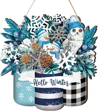 Winter Welcome Sign Wood Blue White Hello Winter Front Door Decoration Snowman S