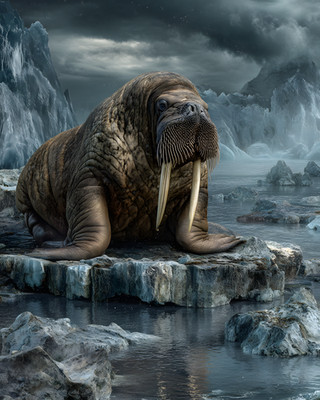 8x10 Walrus on Sea Ice Beneath Storm Clouds Art Print - 428668194