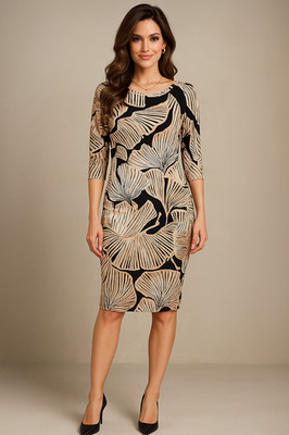 Donna Morgan Dress Women 8 Black Beige Dolman Leaf Print Stretch Sheath Cocktail