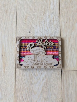 Bolivia Salar De Uyuni Flamingo Fridge Magnet Handmade Local Wood & Fabric 4''x3''