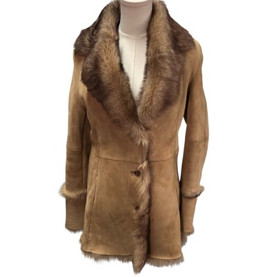 Andrew Marc New York Womens Small Shearling Fur Coat Suede Leather Carmel Tan