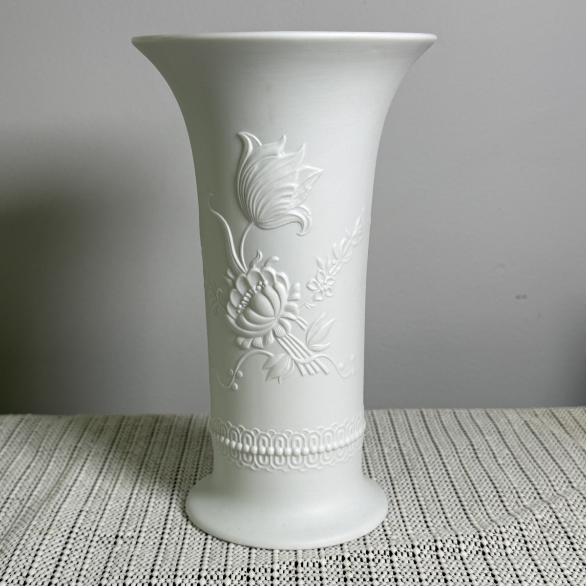 Vintage Kaiser West Germany Bisque Porcelain Vase White Floral Relief 8