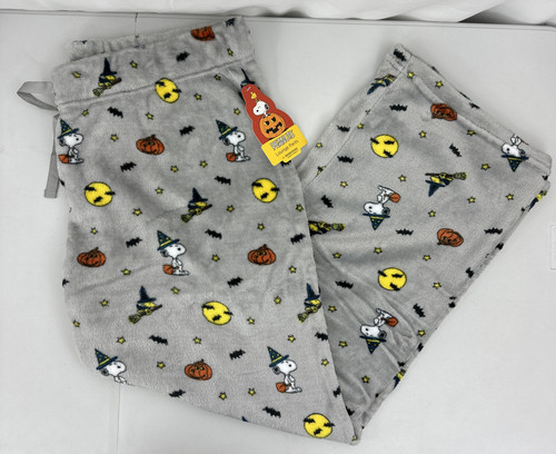 Women's XL Fleece Halloween Pajama Pants Snoopy & Woodstock Grey Pumpkins Bats - Picture 1 of 8