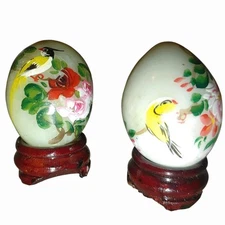 Hand Painted Ceramic Jade Stone Bird Floral Flowers Decorative Eggs Wooden Stand