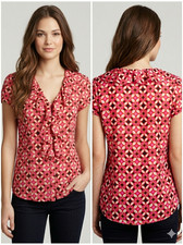Banana Republic Ruffle Button Down Blouse XS Petite Geometric Print Semi-Sheer