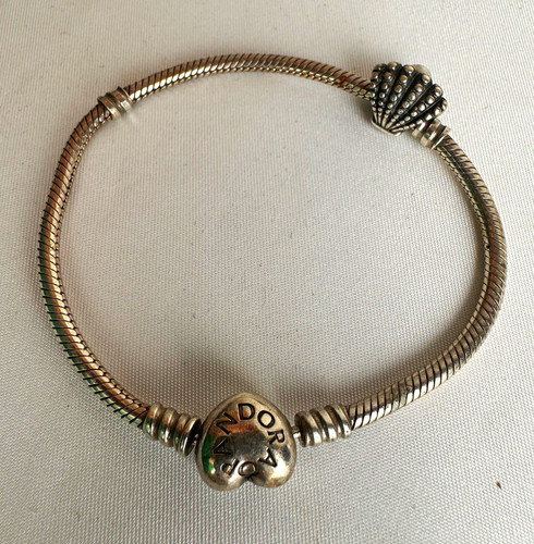 PANDORA 925 Sterling Silver Snake Chain Bracelet Heart Box Clasp 7.5"