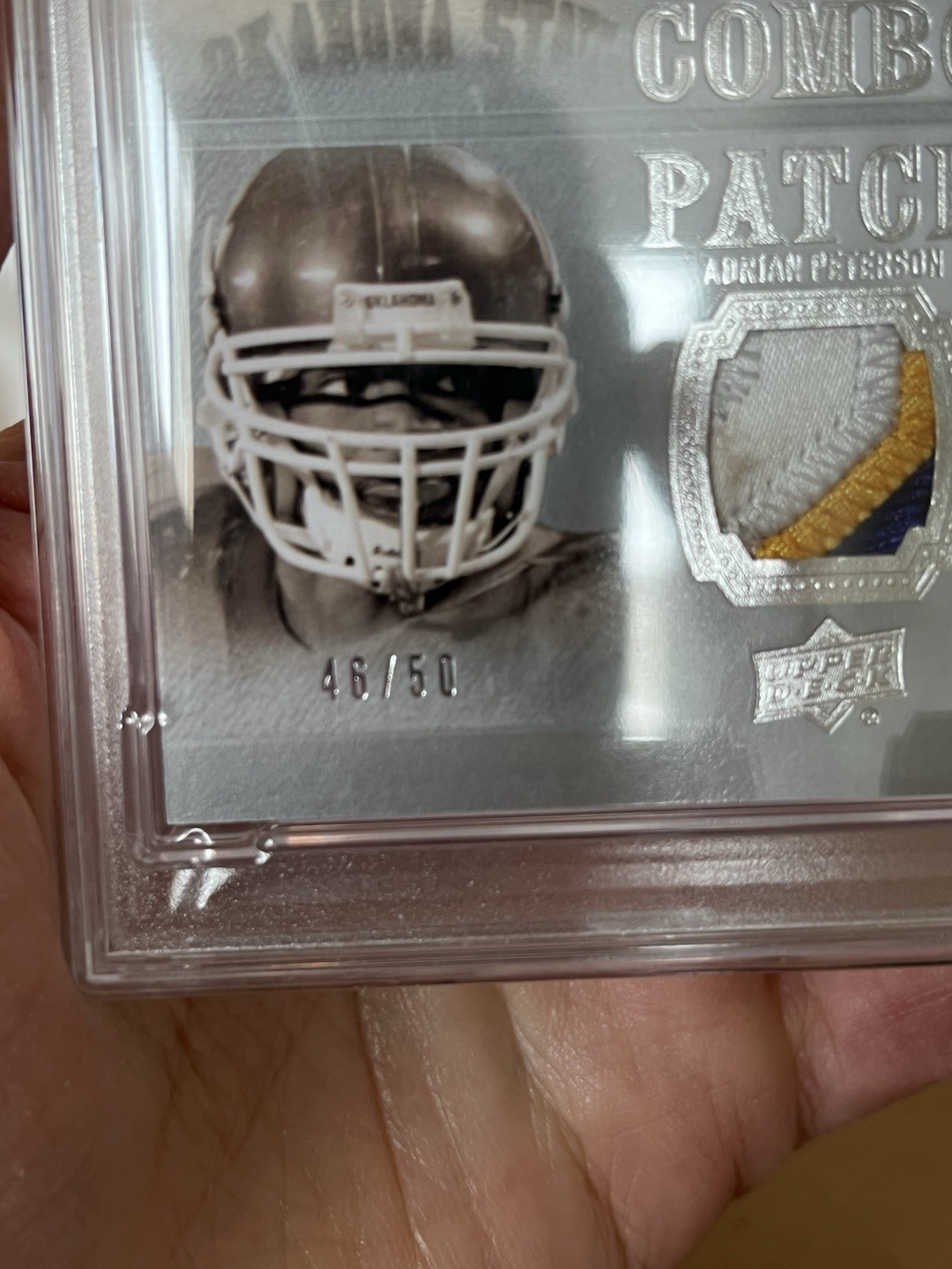 Barry Sanders Adrian Peterson 2010 UD Exquisite  Dual Game Worn Patch /50 PSA 8 view 2