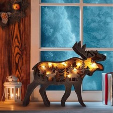 3D Holz Elch Statue Holzschnitzerei Ornamente mit LED Nachtlicht Waldtiere Be...
