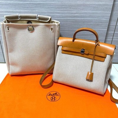 HERMES Herbag Ad PM Backpack Canvas Leather 2way Beige Silver Auth 168408