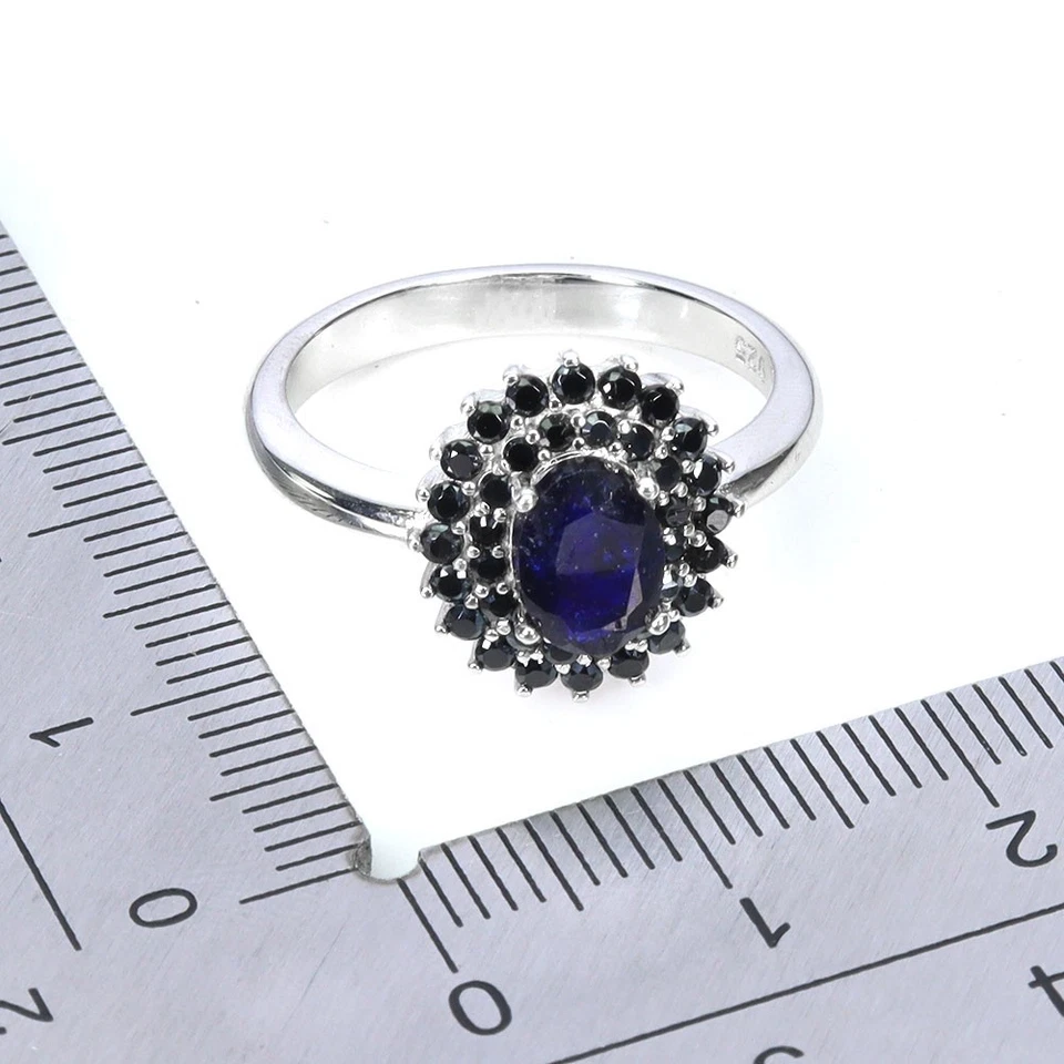 925 Anello Argento Sterling Ovale Zaffiro Blu 7x5mm Spinello Misura 8 Senza USA - Immagine 3 di 4