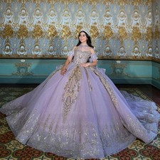 Crystals Quinceanera Dresses Off the Shoulder Lace up Applique Bow Court Train