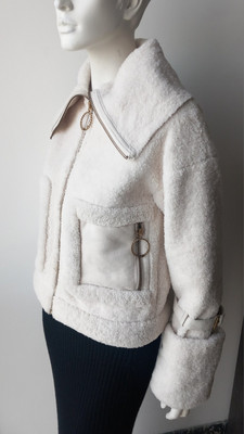 ELISABETTA FRANCHI Jacke weiß Kunstfell Plüsch groß Kragen Langarm Tasche 36/38
