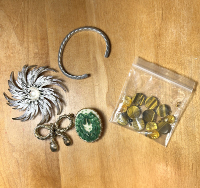 Vintage Jewelry Two Pieces Broken and a Bag of  Flat Beads, Bracelet, Brooch