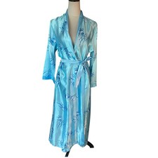 Women's Light Blue Floral Satin Kimono Robe Long Dressing Gown Lingerie