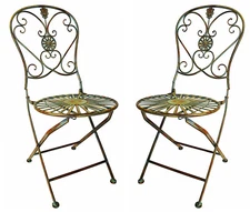Folding Metal Bistro Chair w/ Scrolling Heart & Peacock Tail Motif, Set of Two