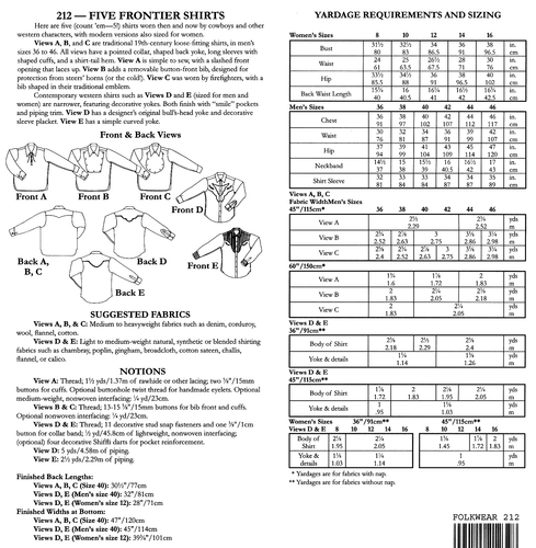 Folkwear Cowboy Western Frontier Shirts Sewing Pattern 212 Men & Women 5 Styles - Picture 5 of 5