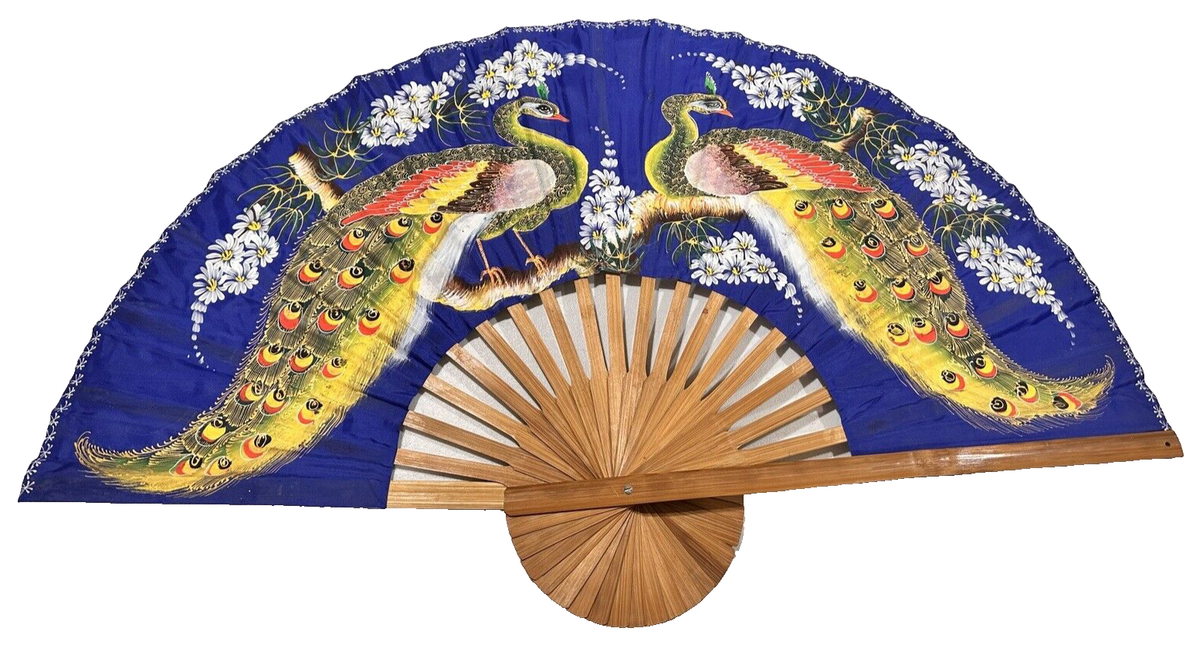 Folding Wall Fan Blue Oriental Asian Wall Hand Painted Peacocks 39