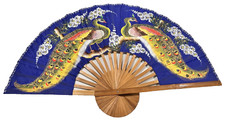 Folding Wall Fan Blue Oriental Asian Wall Hand Painted Peacocks 39" x 24"