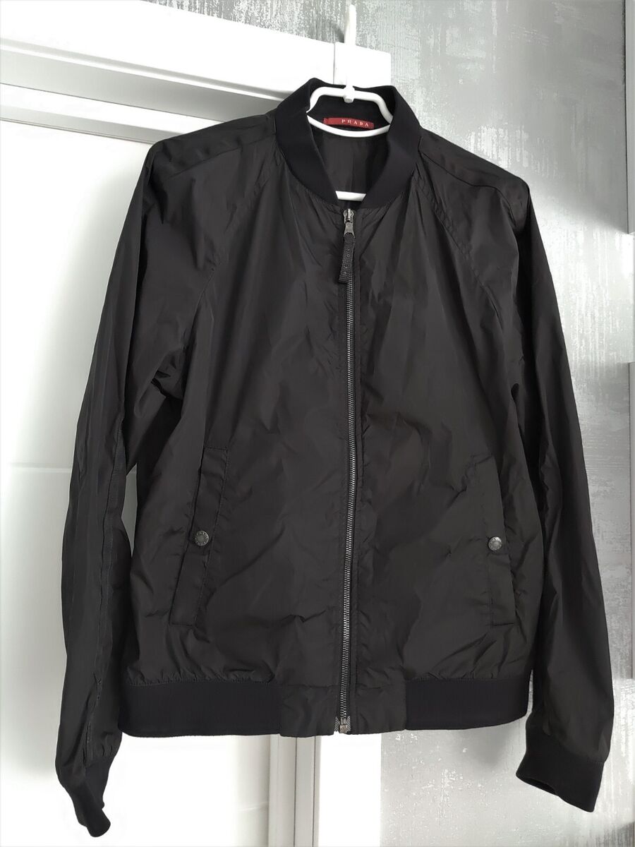 PRADA Mens Nylon Jacket Bomber Lightweight Varsity Black PRADA Mens Nylon Jacket Bomber Lightweight Varsity Black