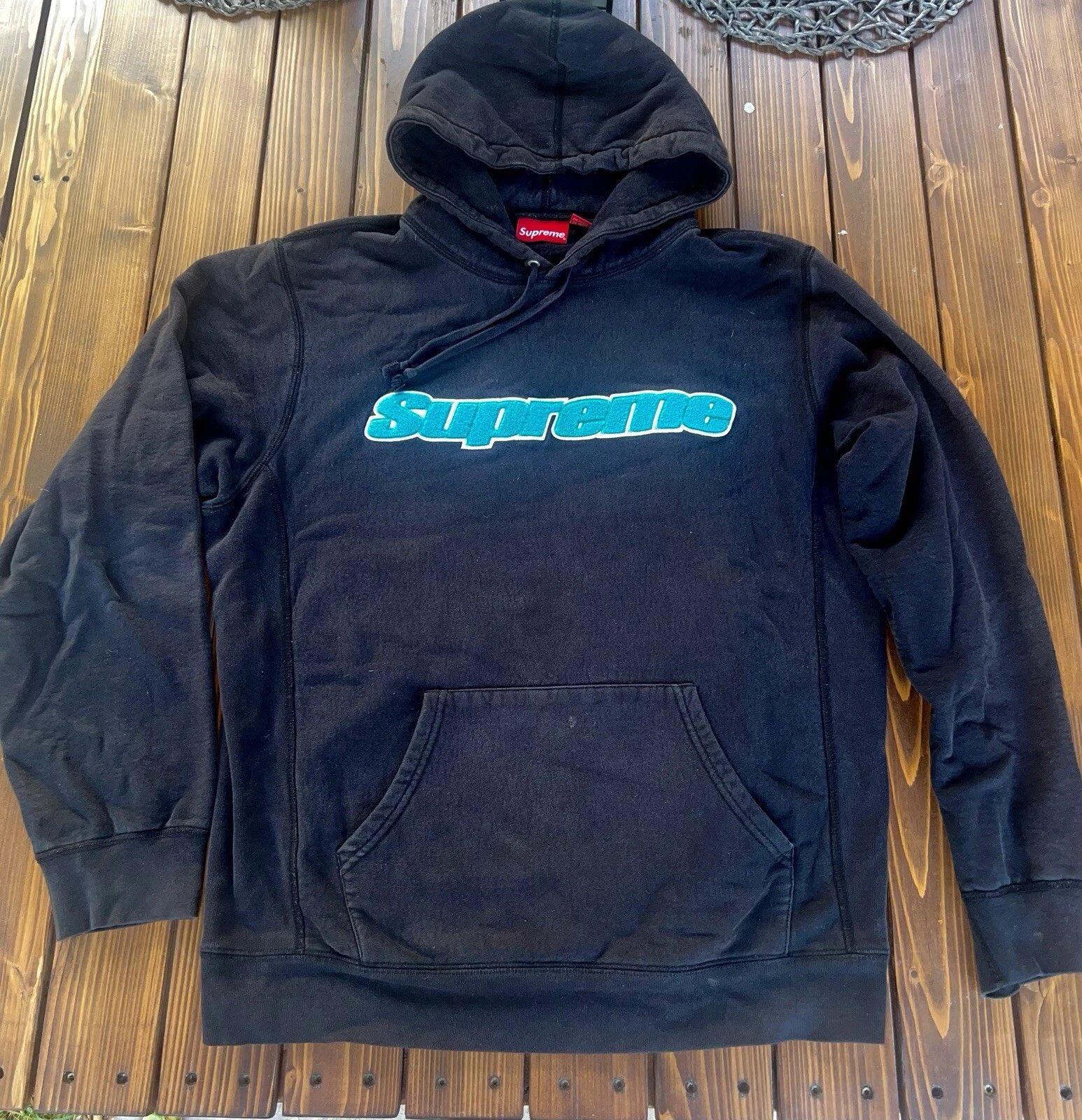 Sweat à capuche Supreme Chenille Logo Homme XL Noir Manches Longues Coton SS19