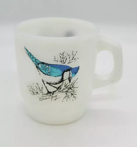 Vintage Anchor Hocking Glass Fire King Blue Jay & Baltimore Oriole Birds Mug Cup
