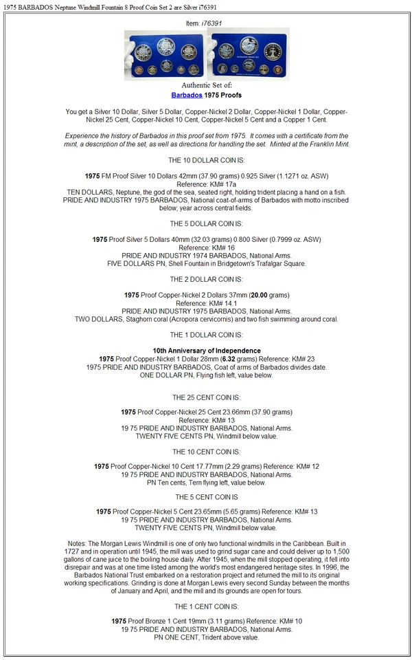 1975 BARBADOS Neptune Windmill Fountain 8 Proof Coin Set 2 are Silver i76391 - Image 3 of 3