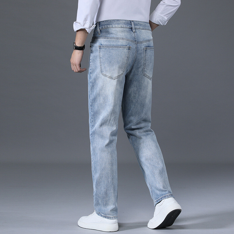 Men Straight Leg Jeans Slim Fit Stretch Denim Pants Retro Skinny