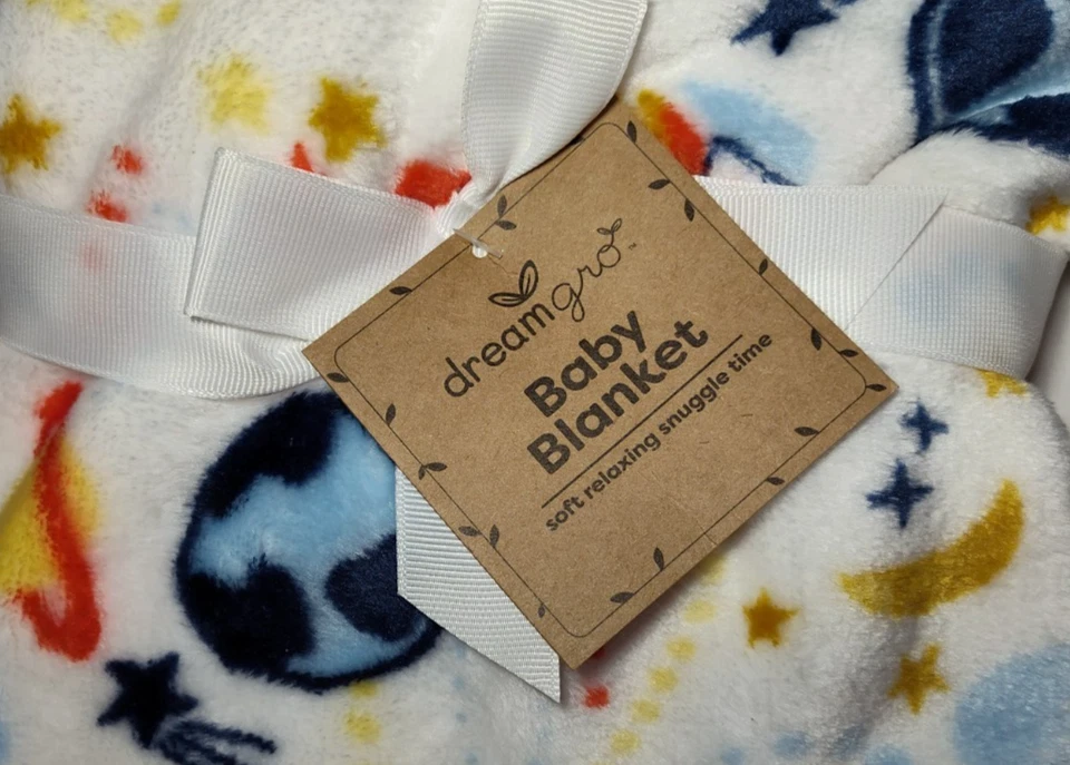 Manta de bebé Dream Gro Planets Rocket Ship blanca suave polar estrella luna nueva con etiquetas Foto 2 de 3