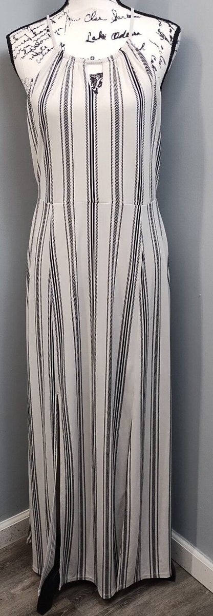 Candies Long Maxi Dress Womens L White Black Striped Lined Polyester Halter  Neck
