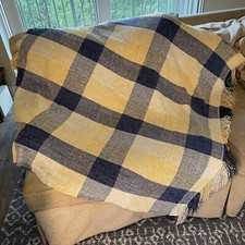 Vintage Crown Crafts Made in USA Blanket Blue Yellow Buffalo Plaid Fringe 52x50