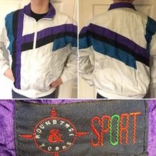 Vtg 1990s Windbreaker Jacket Tennis Track Blue White Purple Black Size L
