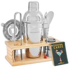 Mixology Bartender Kit - 8-Piece Cocktail Shaker Set with Wood Stand Recipe C...