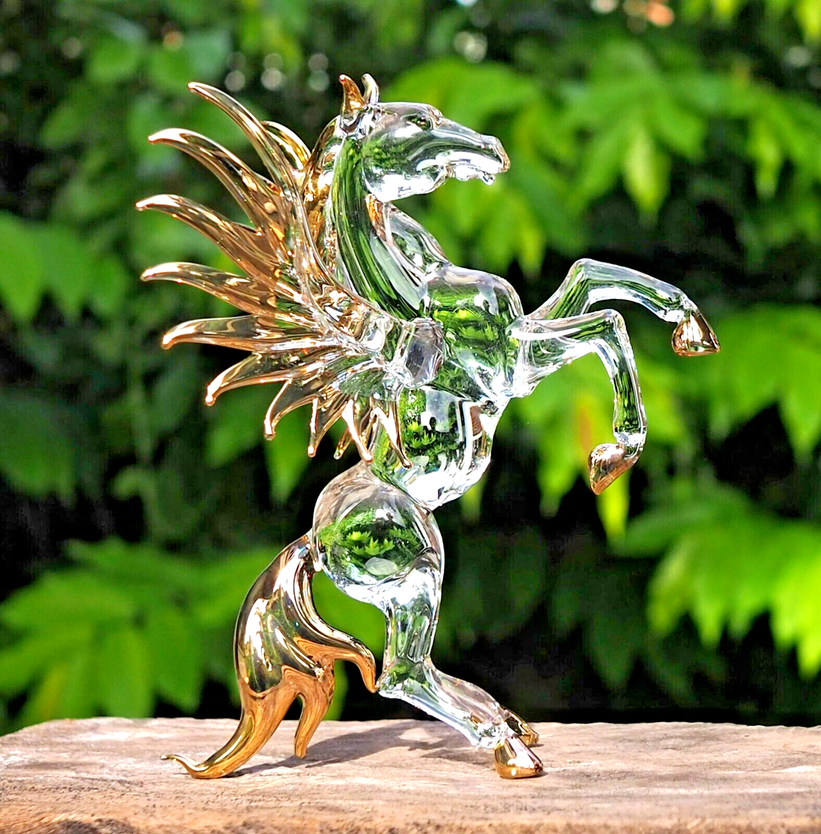 Pegasus Horse figure hand blown art glass figurine gold trim 5in