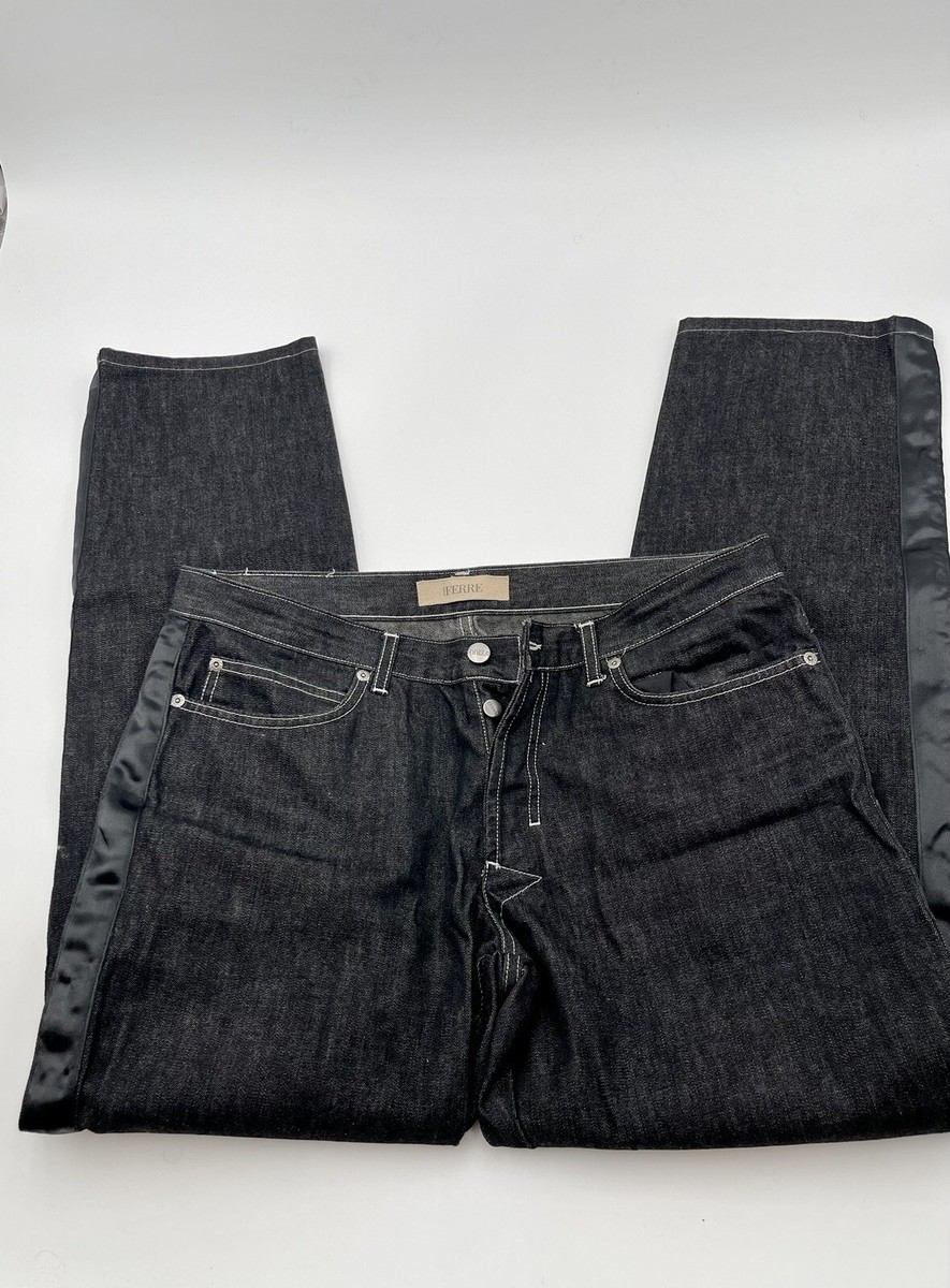 GF Ferre NWOT Men Black Jeans With Satin Stripe Button Fly