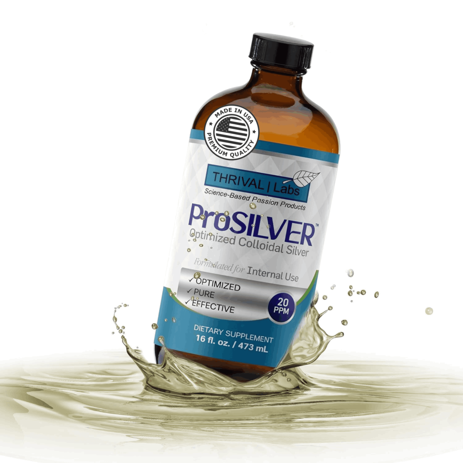 ProSILVER Blue 20 PPM Colloidal Silver Liquid 16oz Glass Bottle by Thrival Labs
