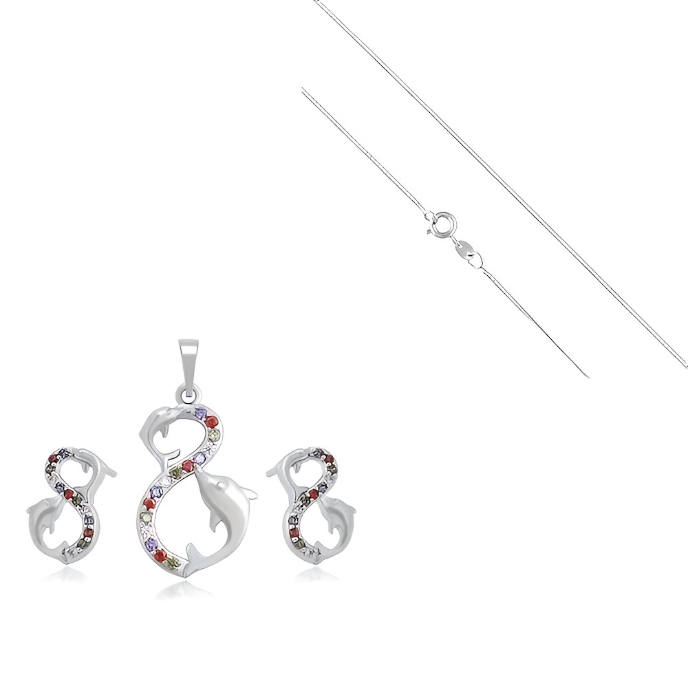 Parure bijoux dauphin de créateur pour femme en argent 925/1000 massif et cristaux multicolores