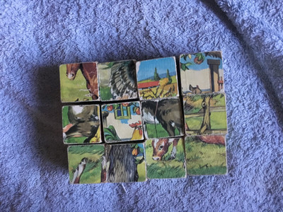 Vintage Holz WÜRFEL / Blockbild Puzzle 9 Block Bauernhoftiere Retro