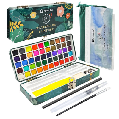 Artecho Aquarellfarben Set 50 Farben Tragbare Box 4 Fluoreszierende