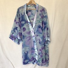 VTG California Dynasty SATIN NIGHT GOWN Robe Set M Blue Floral Medium Aura