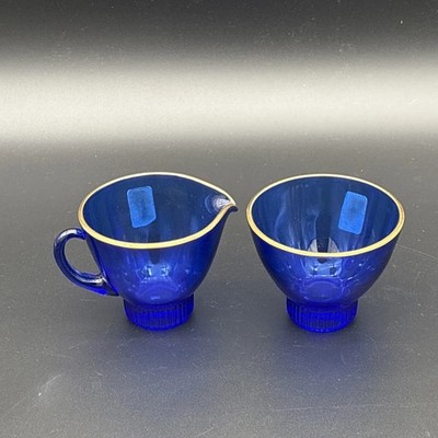 Vintage Oy Kumela Finland Cobalt Blue Creamer & Sugar Bowl Set Gold Trim Labels
