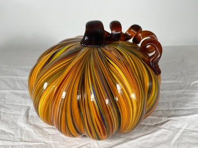 Large Blown Art Glass Pumpkin Swirl Stem Décor Paper Weight